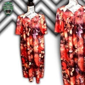 Vintage Hippie Burnt Orange Hawaiian Floral Anthony Richards Caftan Dress, large